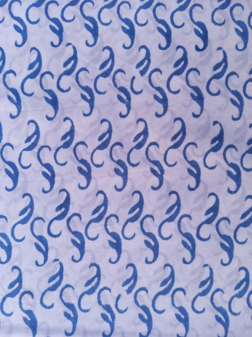Blue White Base Hand Block Printed Pure Cotton Fabric - JBR76