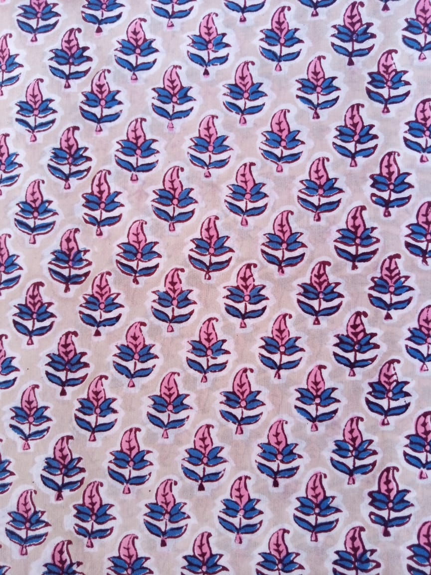 Beige with Pink & Blue Buti Hand Block Printed Pure Cotton Fabric - JBR67