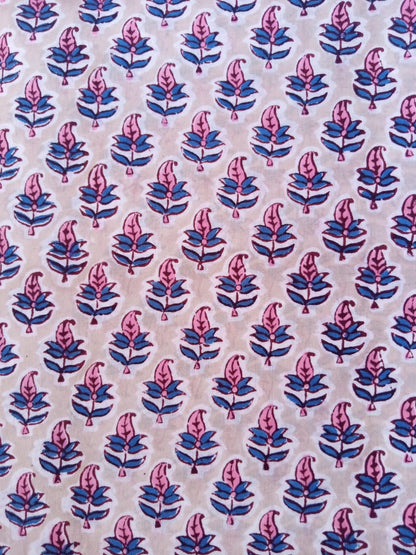 Beige with Pink & Blue Buti Hand Block Printed Pure Cotton Fabric - JBR67