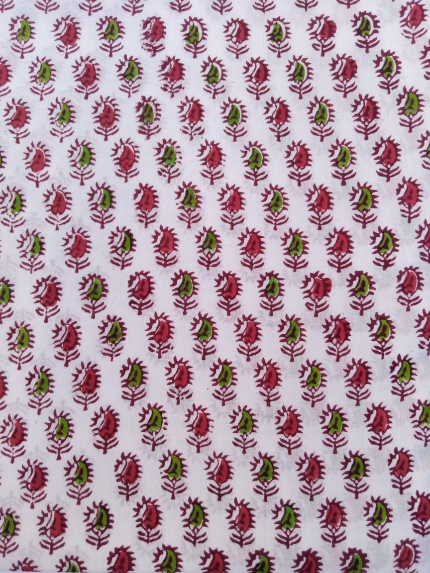 White Base Red &amp; Green Small Buti Hand Block Printed Pure Cotton Fabric - JBR74