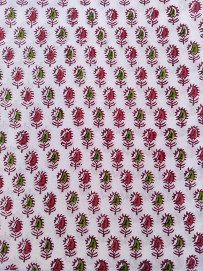 White Base Red &amp; Green Small Buti Hand Block Printed Pure Cotton Fabric - JBR74