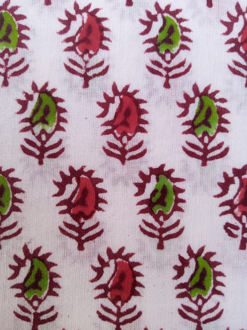 White Base Red &amp; Green Small Buti Hand Block Printed Pure Cotton Fabric - JBR74