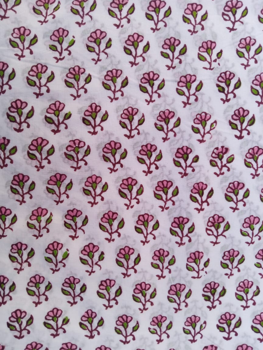White Base Pink & Green Buti Hand Block Printed Pure Cotton Fabric - JBR70