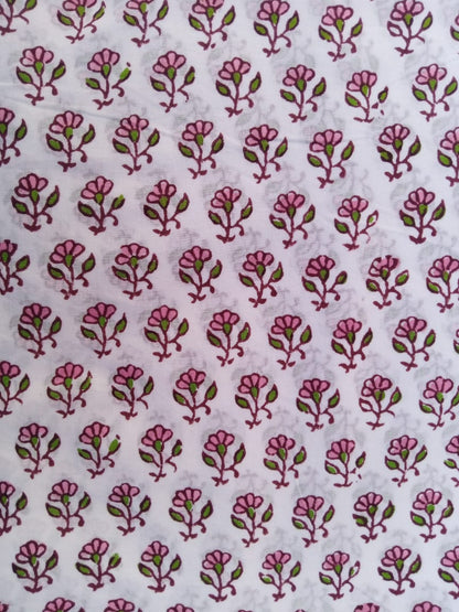 White Base Pink & Green Buti Hand Block Printed Pure Cotton Fabric - JBR70