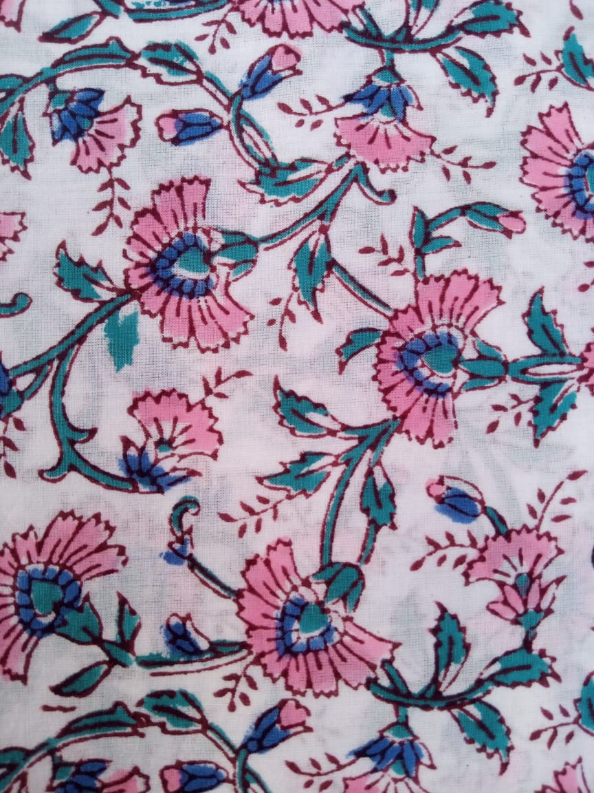 White Base Pink & Sea Green Ditsy Pattern Hand Block Printed Pure Cotton Fabric - JBR71