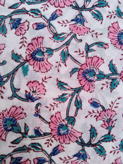 White Base Pink & Sea Green Ditsy Pattern Hand Block Printed Pure Cotton Fabric - JBR71