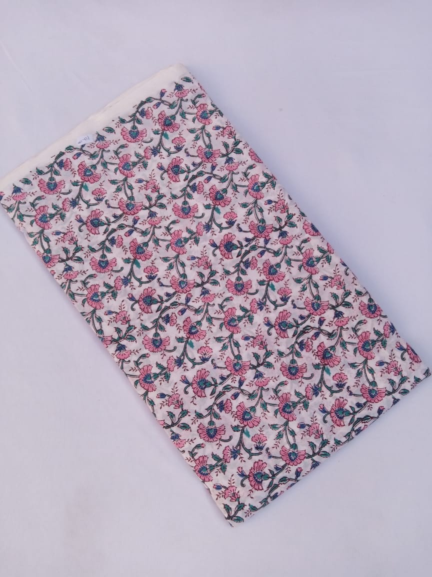 White Base Pink & Sea Green Ditsy Pattern Hand Block Printed Pure Cotton Fabric - JBR71