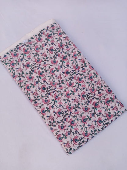 White Base Pink & Sea Green Ditsy Pattern Hand Block Printed Pure Cotton Fabric - JBR71