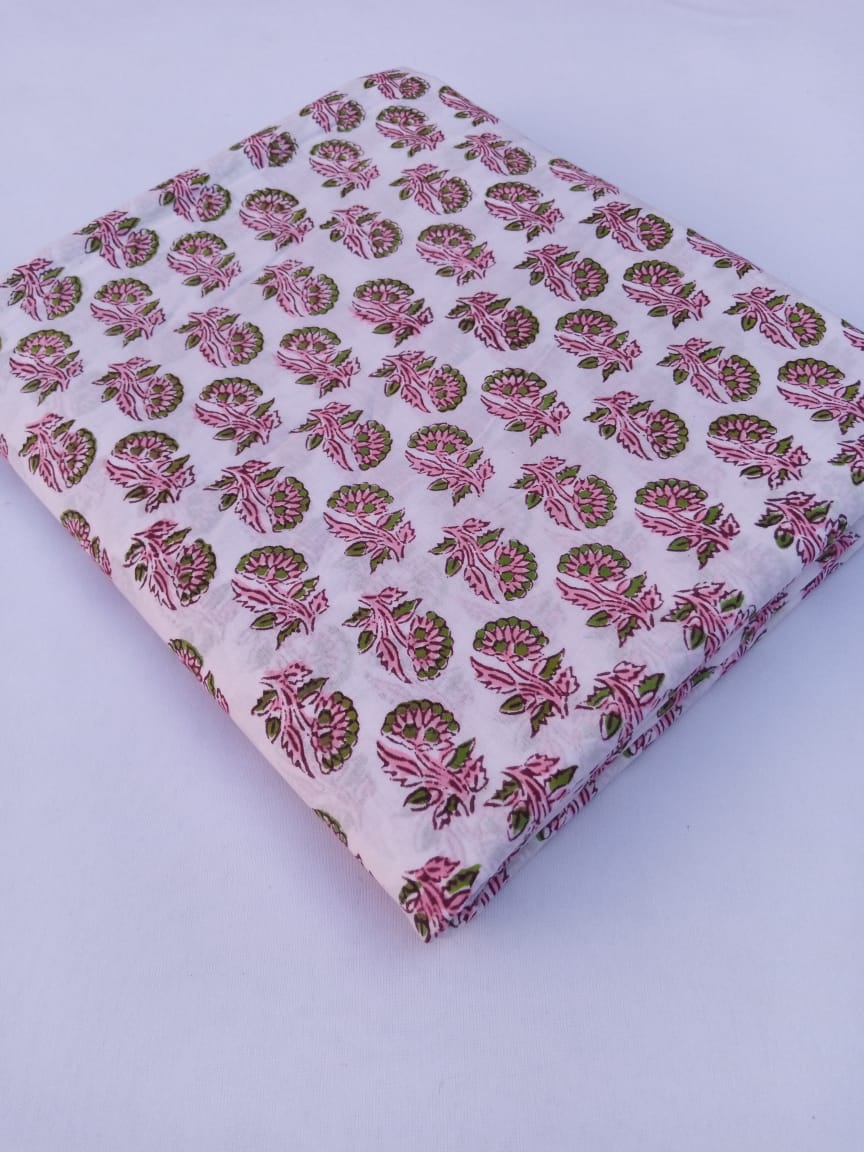 Pink & Green Small Buti Sanganeri Hand Block Print Pure Cotton Fabric From Tulsi Prints