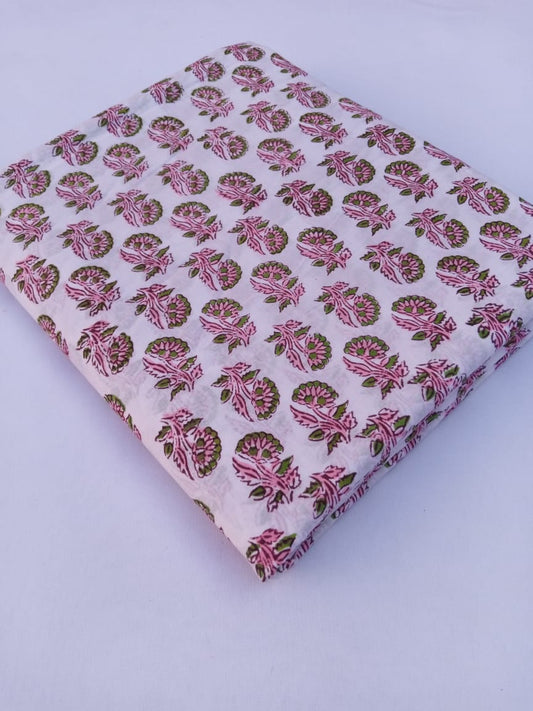 Pink & Green Small Buti Sanganeri Hand Block Print Pure Cotton Fabric From Tulsi Prints