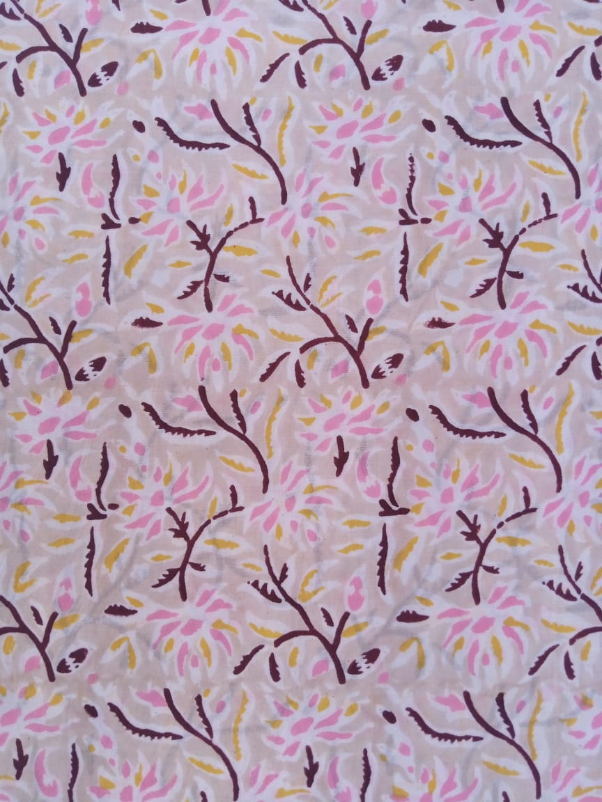 Light Beige Scroll Pattern Hand Block Printed Pure Cotton Fabric - JBR72