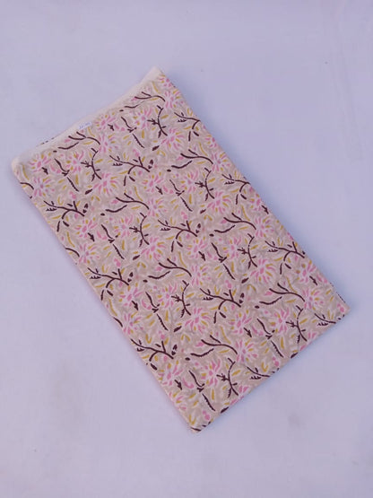 Light Beige Scroll Pattern Hand Block Printed Pure Cotton Fabric - JBR72