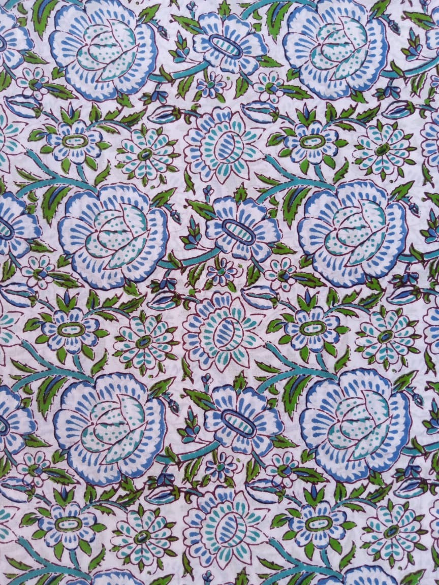 White Base Kalamkari Floral Print Hand Block Printed Pure Cotton Fabric - JBR73