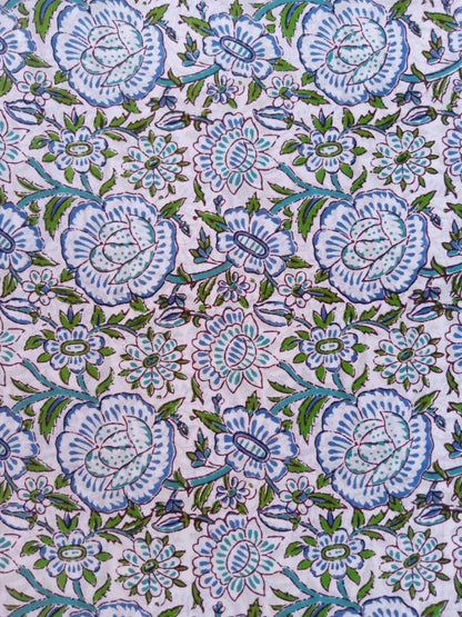 White Base Kalamkari Floral Print Hand Block Printed Pure Cotton Fabric - JBR73