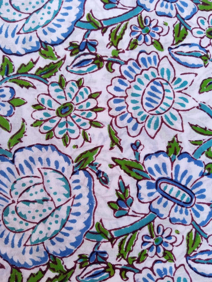 White Base Kalamkari Floral Print Hand Block Printed Pure Cotton Fabric - JBR73