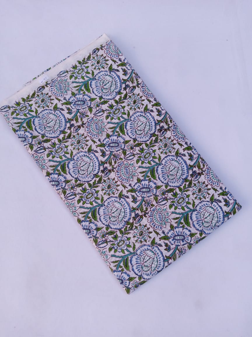 White Base Kalamkari Floral Print Hand Block Printed Pure Cotton Fabric - JBR73