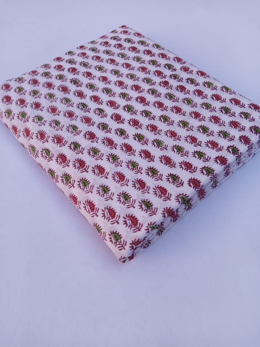 White Base Red &amp; Green Small Buti Hand Block Printed Pure Cotton Fabric - JBR74