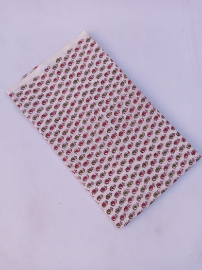 White Base Red &amp; Green Small Buti Hand Block Printed Pure Cotton Fabric - JBR74