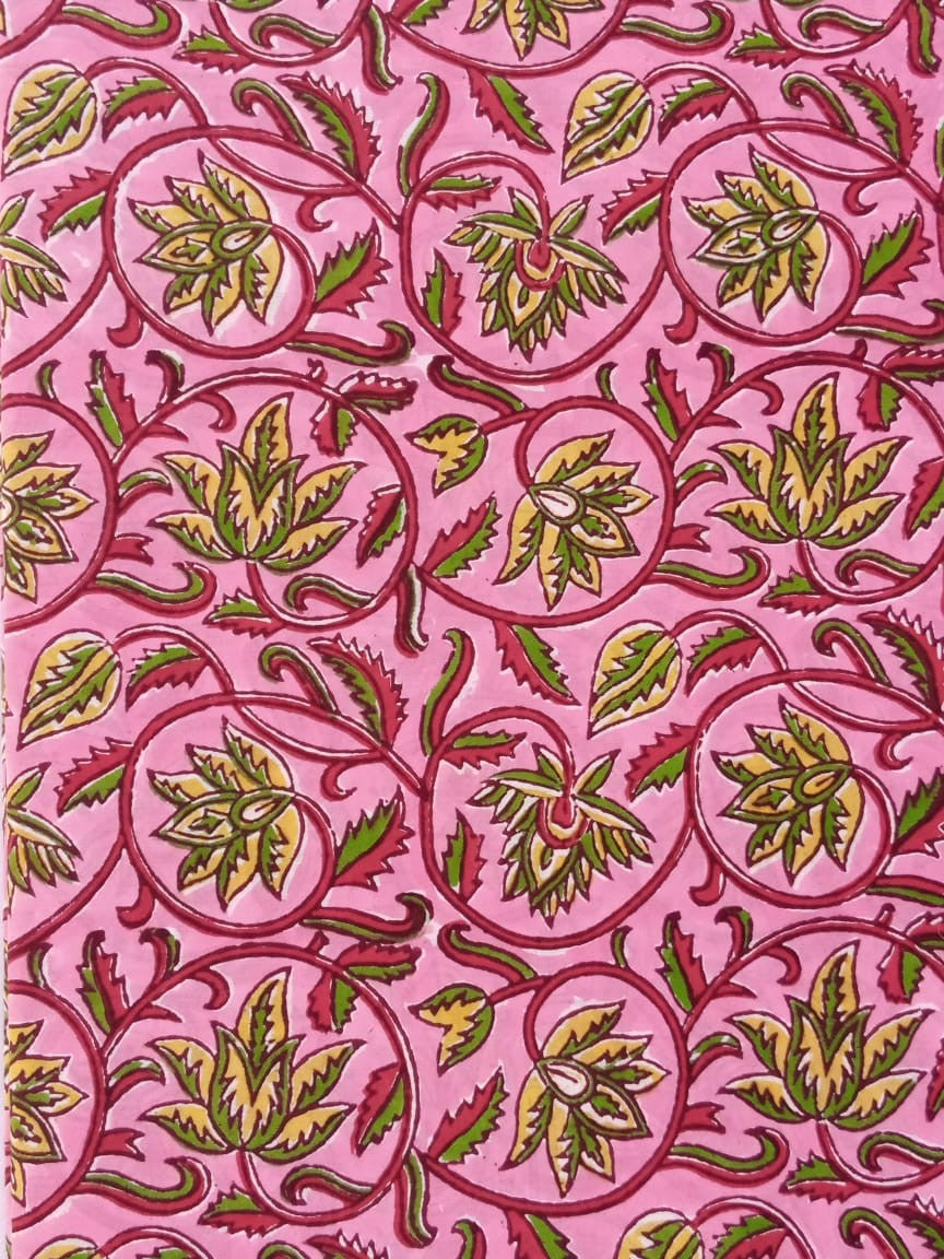 Pink with Yellow & Green Kalamkari Floral Hand Block Printed Pure Cotton Fabric - JBR69