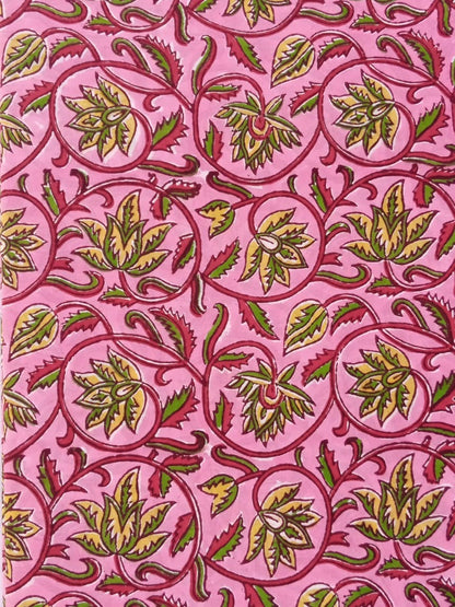 Pink with Yellow & Green Kalamkari Floral Hand Block Printed Pure Cotton Fabric - JBR69