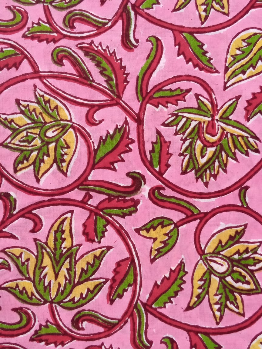 Pink with Yellow & Green Kalamkari Floral Hand Block Printed Pure Cotton Fabric - JBR69