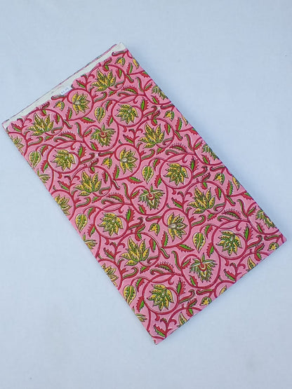 Pink with Yellow & Green Kalamkari Floral Hand Block Printed Pure Cotton Fabric - JBR69
