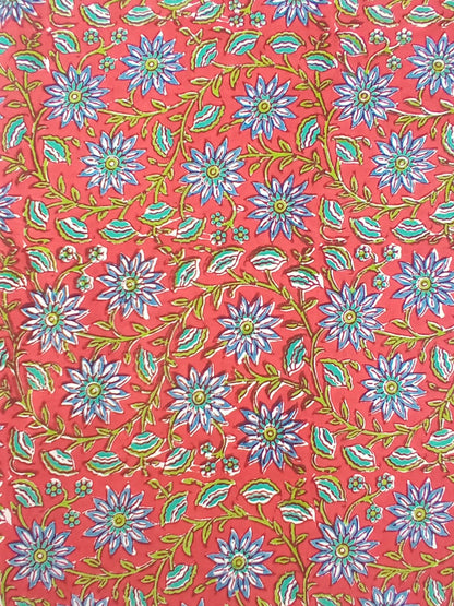 Red Floral Kalamkari Jaal Pure Cotton Hand Block Printed Fabric - JBR66