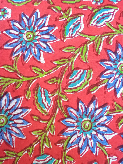 Red Floral Kalamkari Jaal Pure Cotton Hand Block Printed Fabric - JBR66