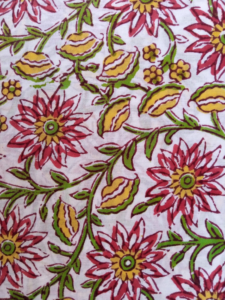 White Base Multi Colored Floral Kalamkari Print Pure Cotton Hand Block Fabric - JBR62
