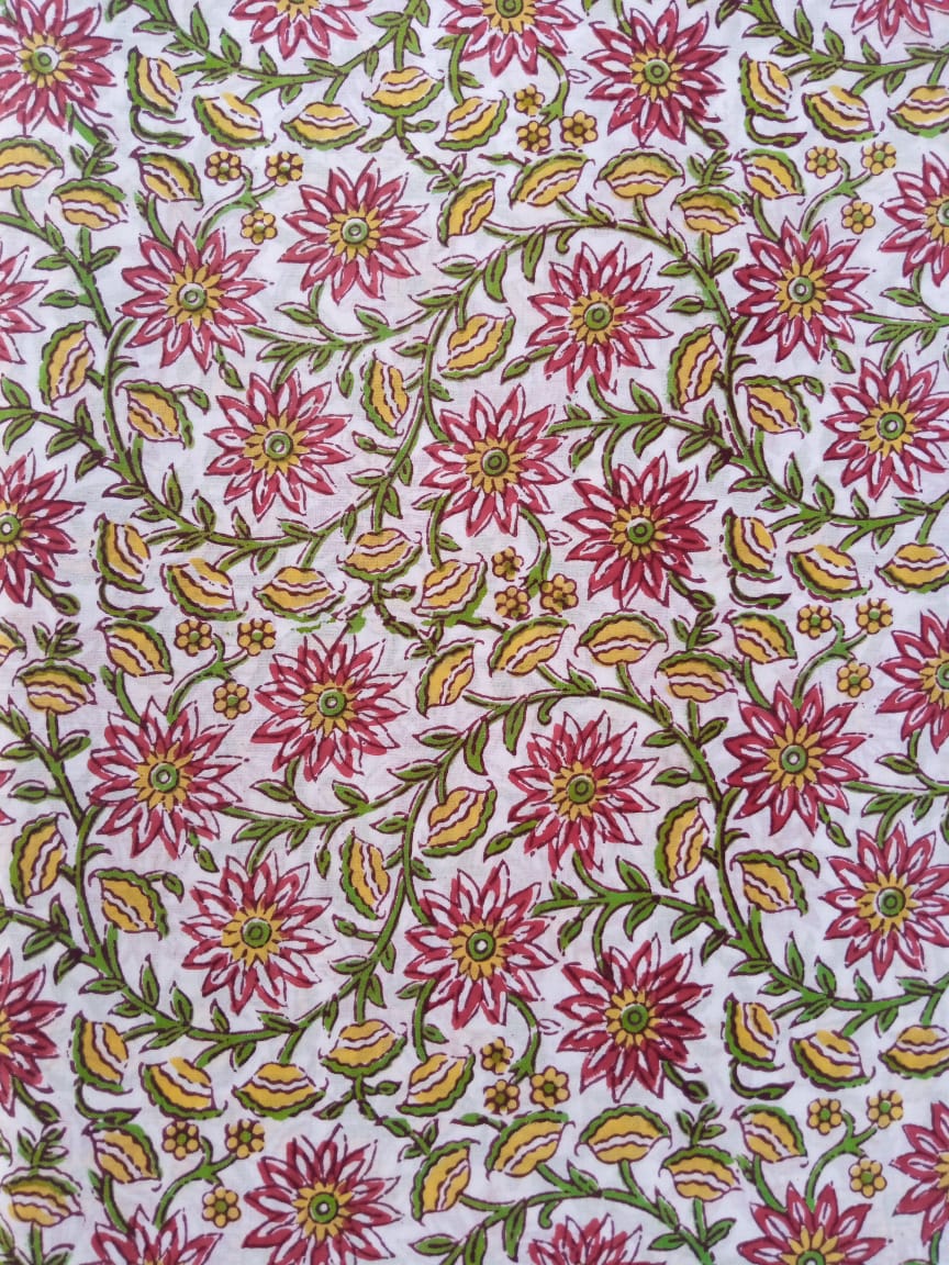 White Base Multi Colored Floral Kalamkari Print Pure Cotton Hand Block Fabric - JBR62