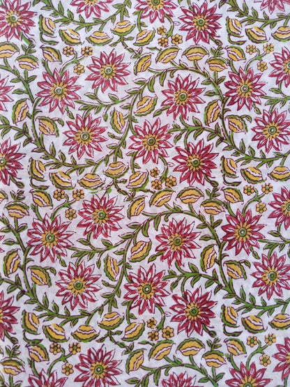White Base Multi Colored Floral Kalamkari Print Pure Cotton Hand Block Fabric - JBR62