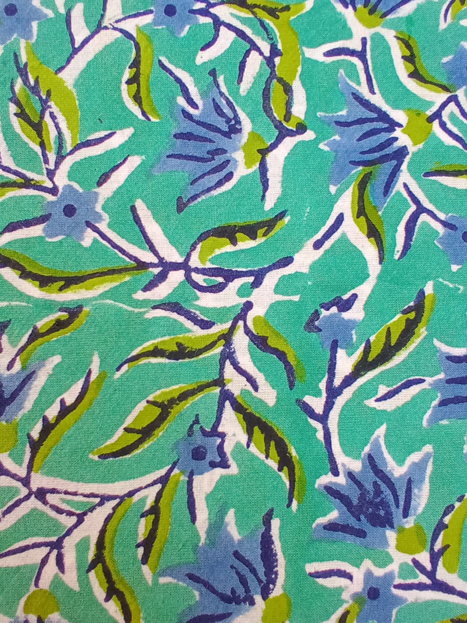 Sea Green with Blue Florals Pure Cotton Hand Block Printed Fabric - JBR63