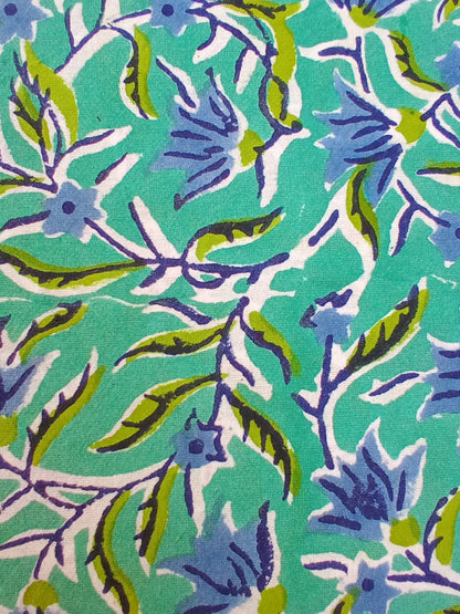 Sea Green with Blue Florals Pure Cotton Hand Block Printed Fabric - JBR63