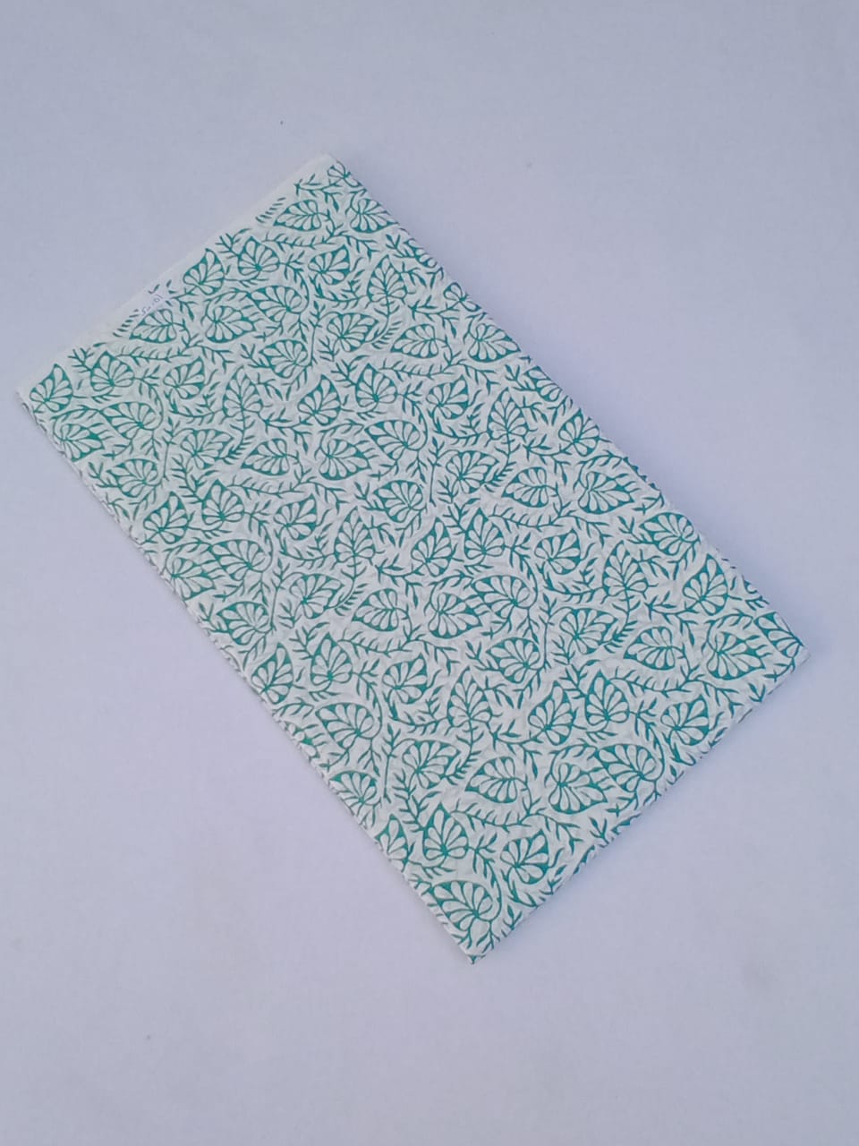 White Base Sea Green Floral Leaves Print Pure Cotton Hand Block Printed Fabric - JBR61