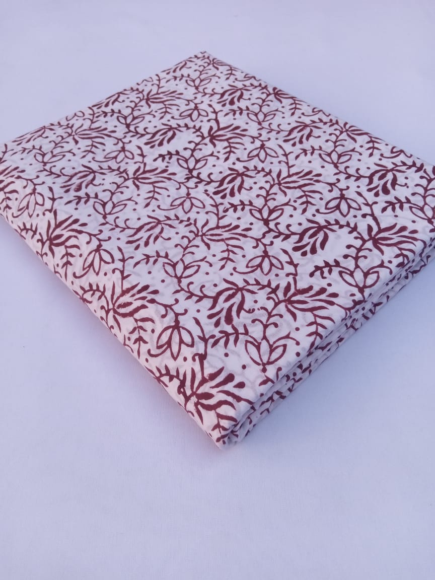 White Base Maroon Scroll Pattern Pure Cotton Hand Block Printed Fabric - JBR60