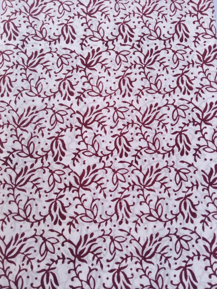 White Base Maroon Scroll Pattern Pure Cotton Hand Block Printed Fabric - JBR60