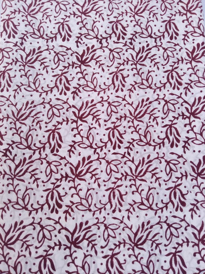 White Base Maroon Scroll Pattern Pure Cotton Hand Block Printed Fabric - JBR60