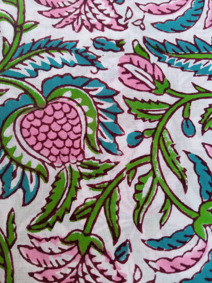 White Base Multi Colored Floral Kalamkari Jaal Hand Block Printed Pure Cotton Fabric - JBR64