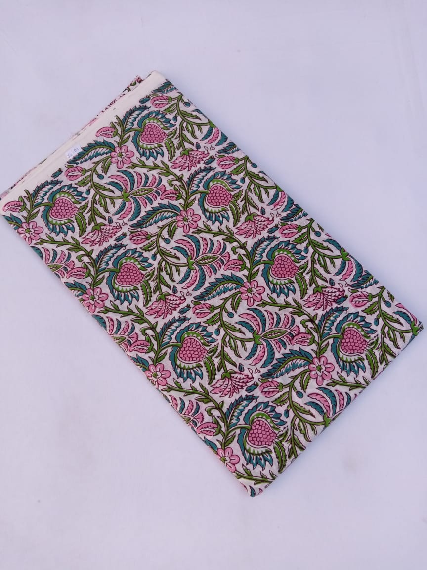 White Base Multi Colored Floral Kalamkari Jaal Hand Block Printed Pure Cotton Fabric - JBR64