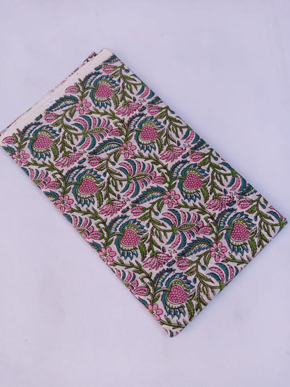 White Base Multi Colored Floral Kalamkari Jaal Hand Block Printed Pure Cotton Fabric - JBR64