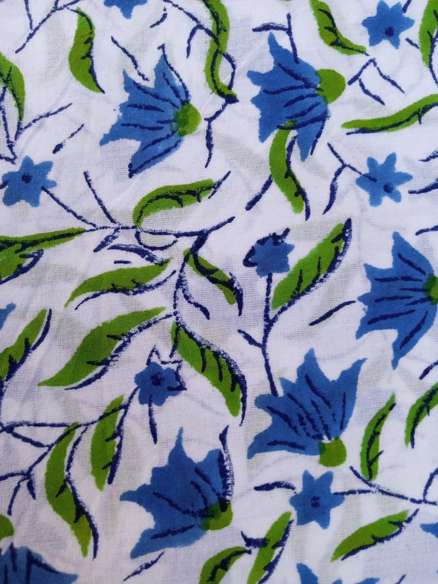 White Base Blue & Green Kalamkari Pattern Pure Cotton Hand Block Printed Fabric - JBR65