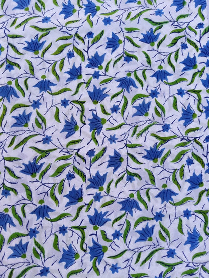 White Base Blue & Green Kalamkari Pattern Pure Cotton Hand Block Printed Fabric - JBR65