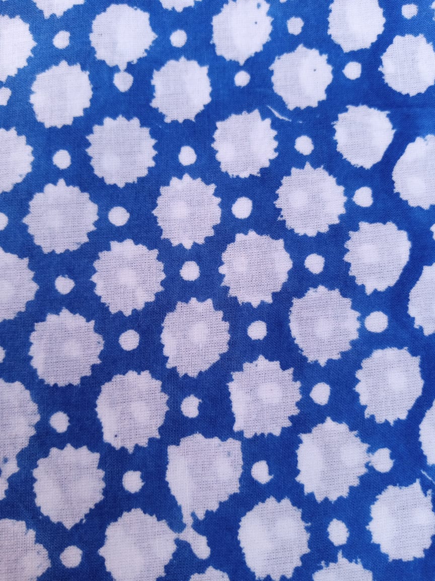 Blue Polka Dot Pattern Pure Cotton Hand Block Printed Fabric - JBR55
