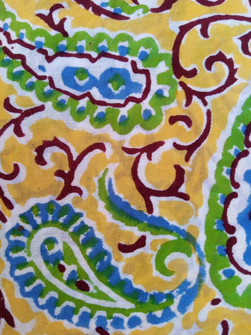 Yellow with Blue &amp; Green Paisley Pattern Hand Block Printed Pure Cotton Fabric - JBR54