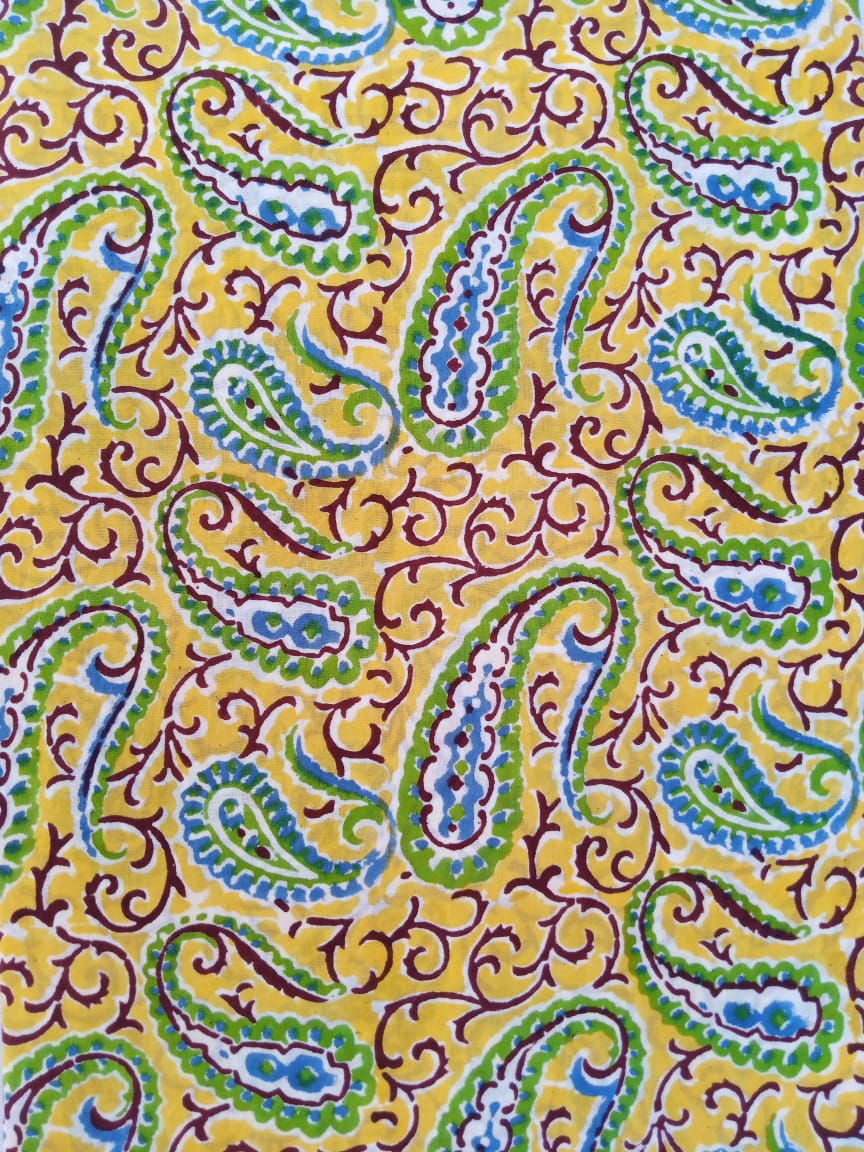 Yellow with Blue &amp; Green Paisley Pattern Hand Block Printed Pure Cotton Fabric - JBR54