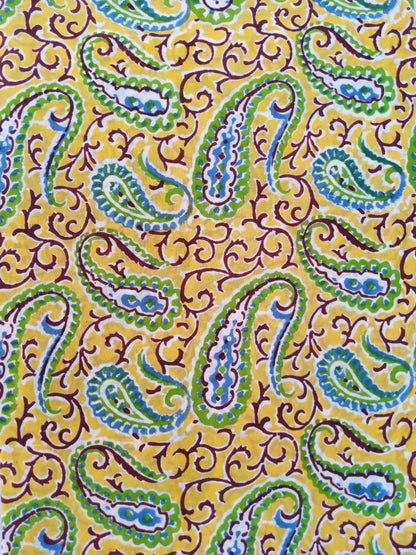 Yellow with Blue &amp; Green Paisley Pattern Hand Block Printed Pure Cotton Fabric - JBR54