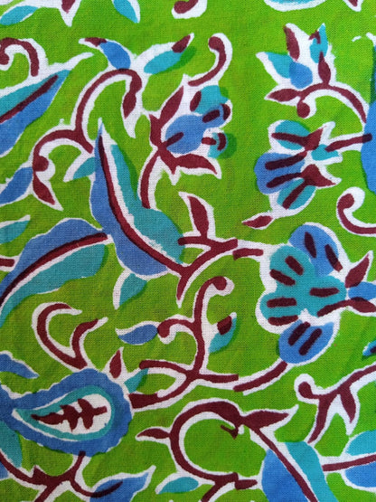 Green with Blue Floral Pure Cotton Hand Block Printed Fabric - JBR53