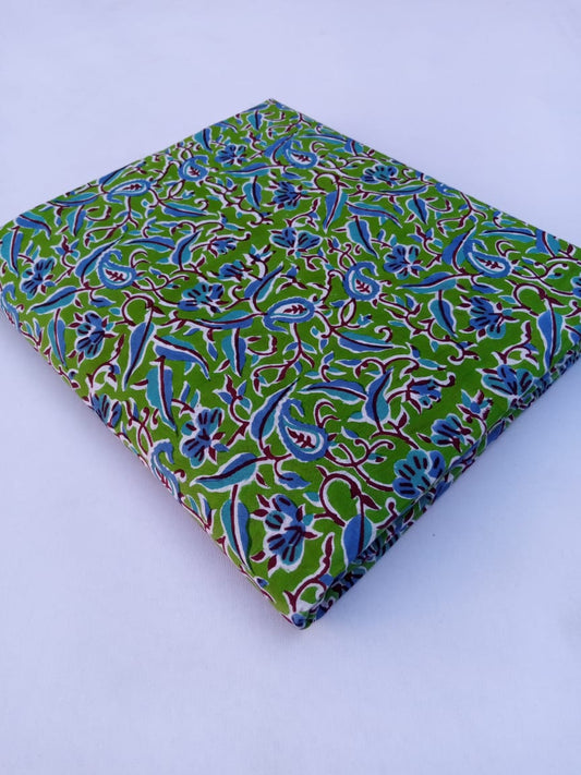 Green with Blue Floral Pure Cotton Hand Block Printed Fabric - JBR53