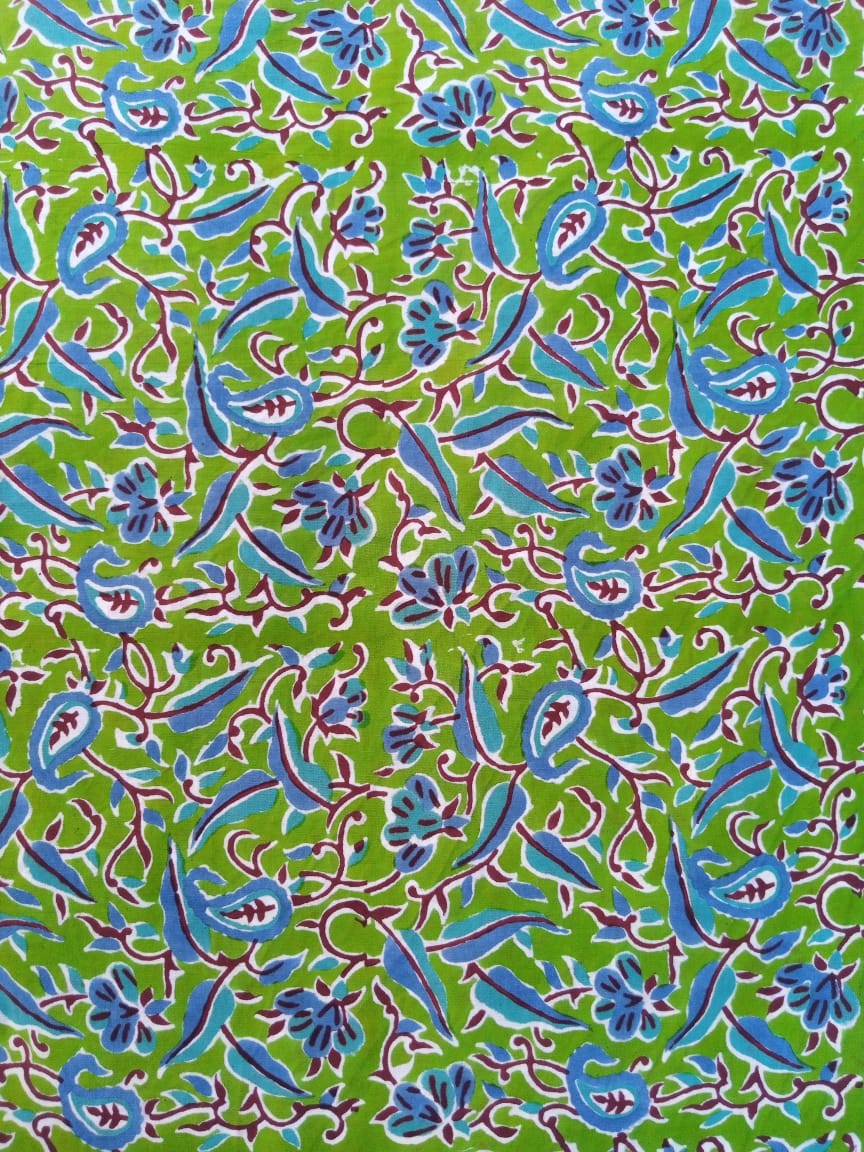 Green with Blue Floral Pure Cotton Hand Block Printed Fabric - JBR53