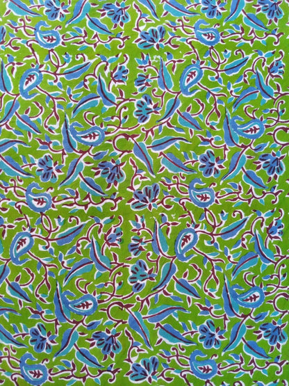 Green with Blue Floral Pure Cotton Hand Block Printed Fabric - JBR53